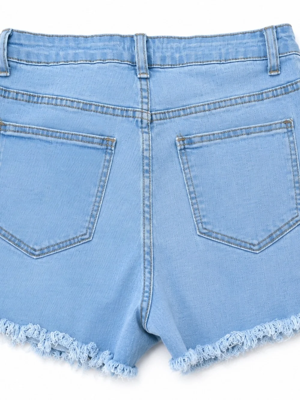 Between Us Distressed Pearl Embellished Denim Shorts Light Wash Frayed Hem Women